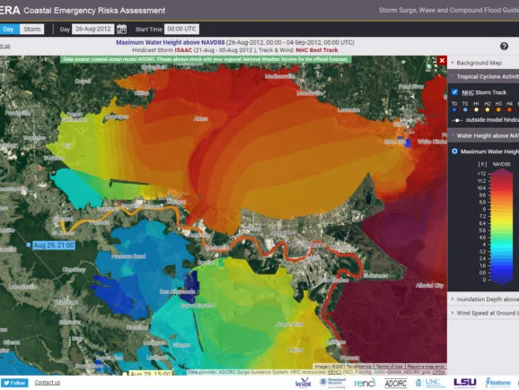 Screen capture of the CERA Web Mapper showing water heights in Louisiana during a hurricane